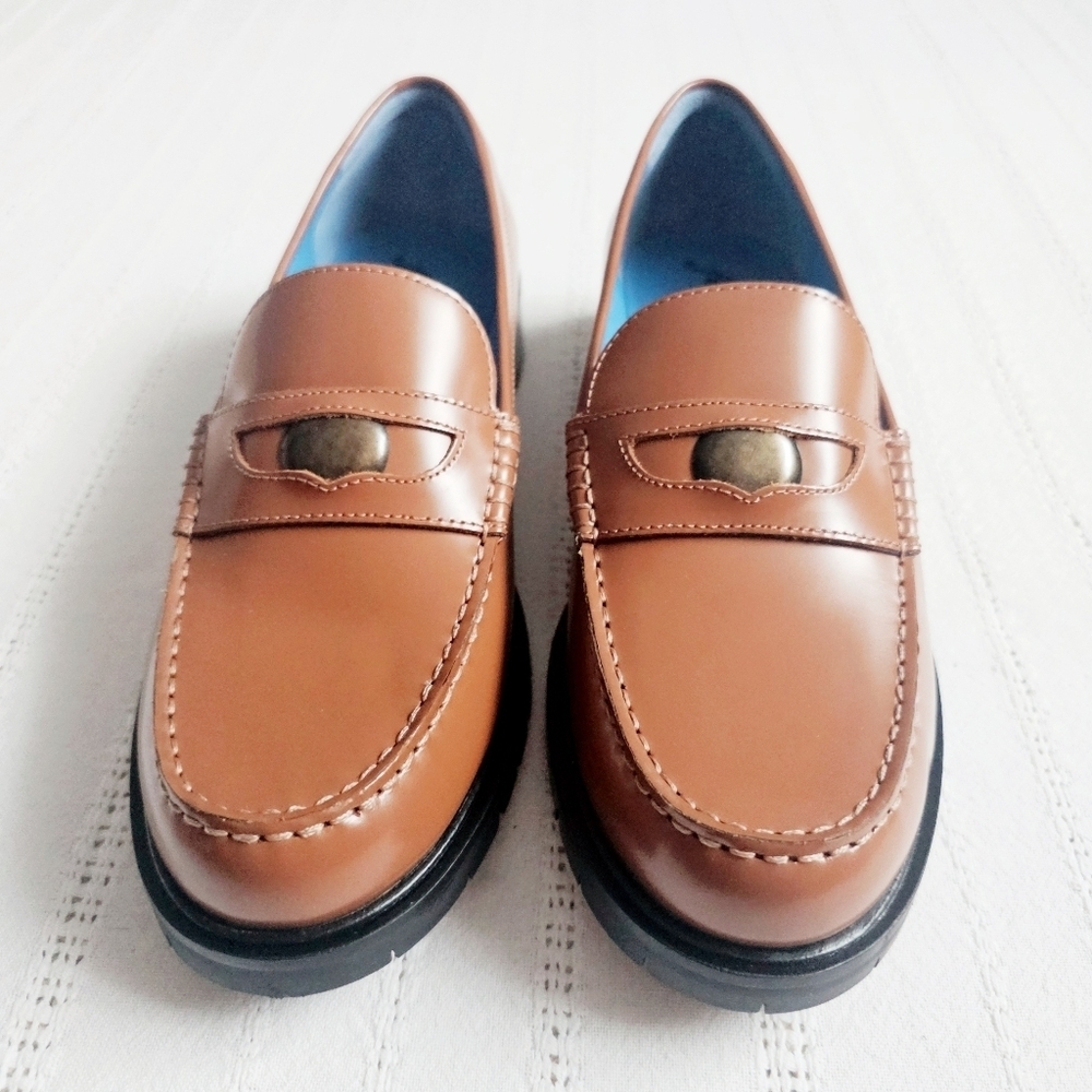 Free People Leather Penny Loafers Liv Slip On Chunky Brown Neutral Size 10 NIB - Picture 8 of 16